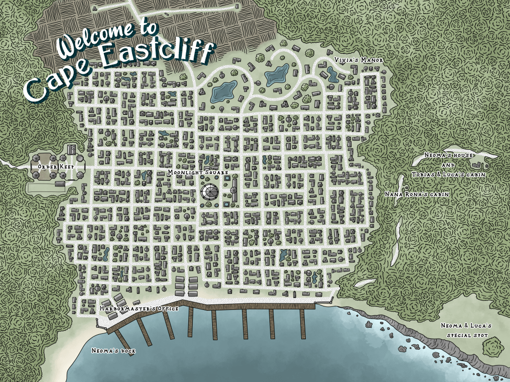 An illustrated map of the city of Cape Eastcliff
